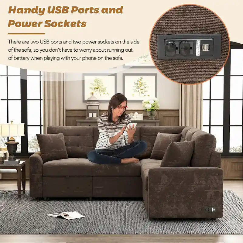 Ce canapé-lit d'angle escamotable, équipé de roulettes, d'un port USB et d'une prise de courant, est un choix idéal et entièrement fonctionnel pour un sommeil confortable dans le salon.