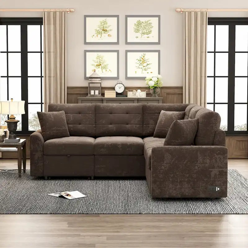 Ce canapé-lit d'angle escamotable, équipé de roulettes, d'un port USB et d'une prise de courant, est un choix idéal et entièrement fonctionnel pour un sommeil confortable dans le salon.