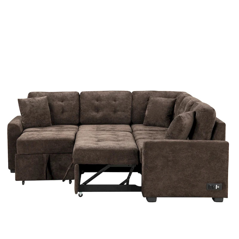 Ce canapé-lit d'angle escamotable, équipé de roulettes, d'un port USB et d'une prise de courant, est un choix idéal et entièrement fonctionnel pour un sommeil confortable dans le salon.