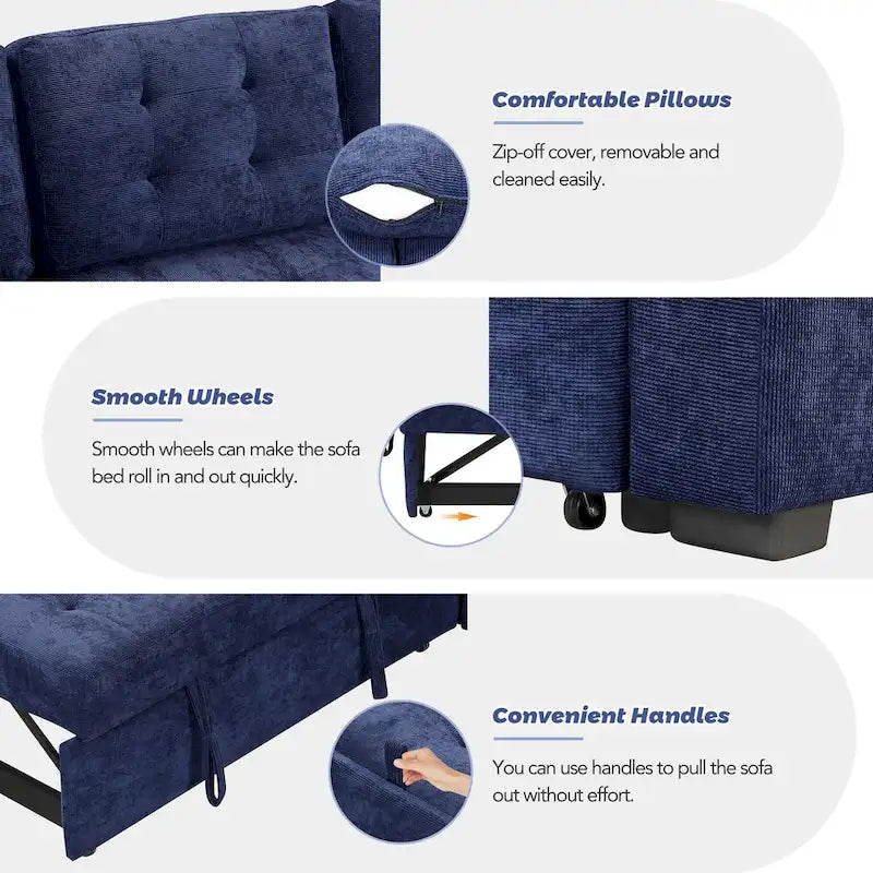 Ce canapé-lit d'angle escamotable, équipé de roulettes, d'un port USB et d'une prise de courant, est un choix idéal et entièrement fonctionnel pour un sommeil confortable dans le salon.