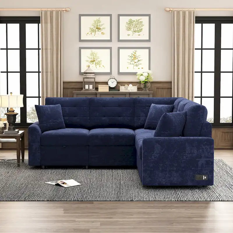 Ce canapé-lit d'angle escamotable, équipé de roulettes, d'un port USB et d'une prise de courant, est un choix idéal et entièrement fonctionnel pour un sommeil confortable dans le salon.
