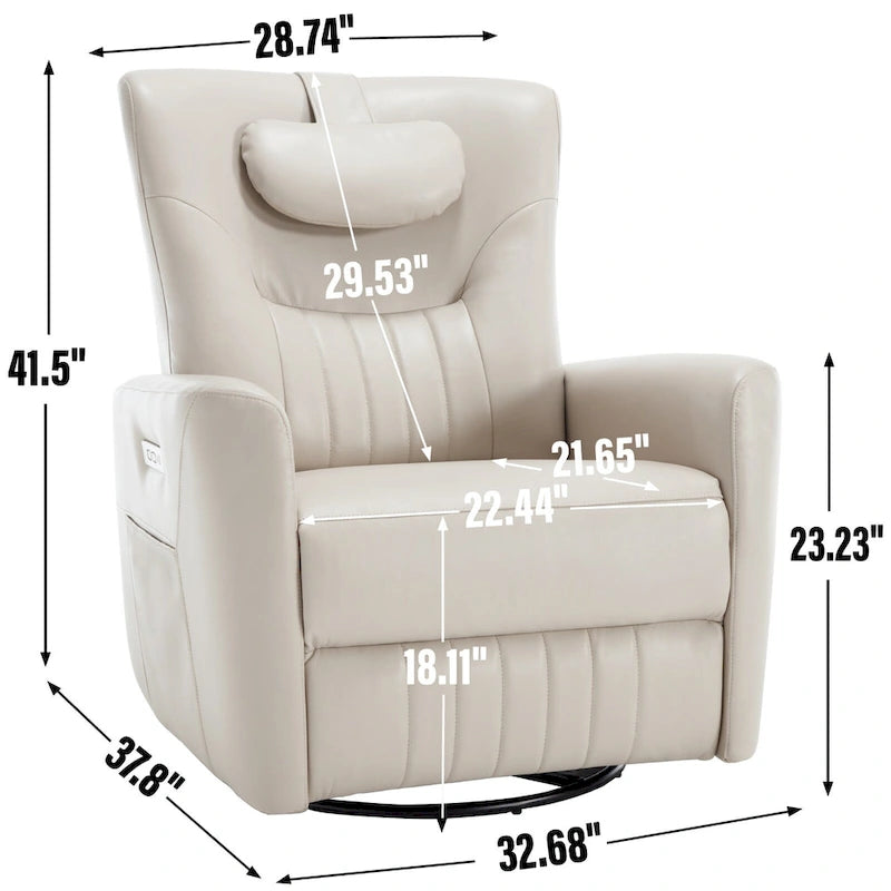 Fauteuil inclinable électrique beige avec pivotement à 270°, fonction bascule, oreiller de soutien lombaire et cervical, ports USB et Type-C