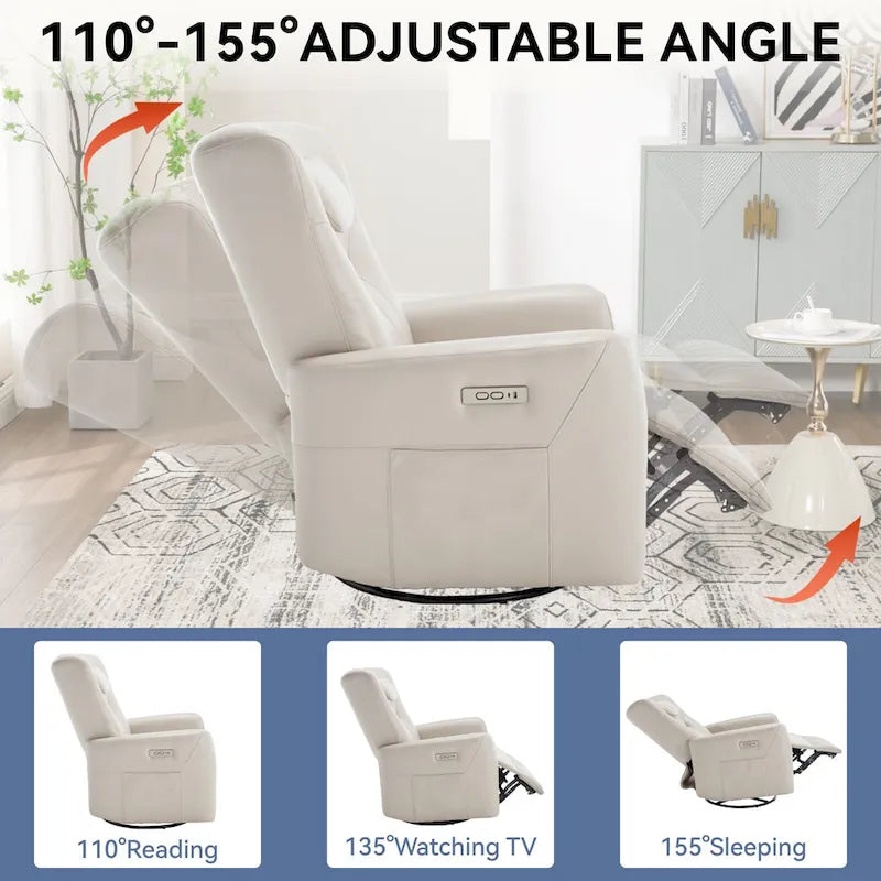 Fauteuil inclinable électrique beige avec pivotement à 270°, fonction bascule, oreiller de soutien lombaire et cervical, ports USB et Type-C