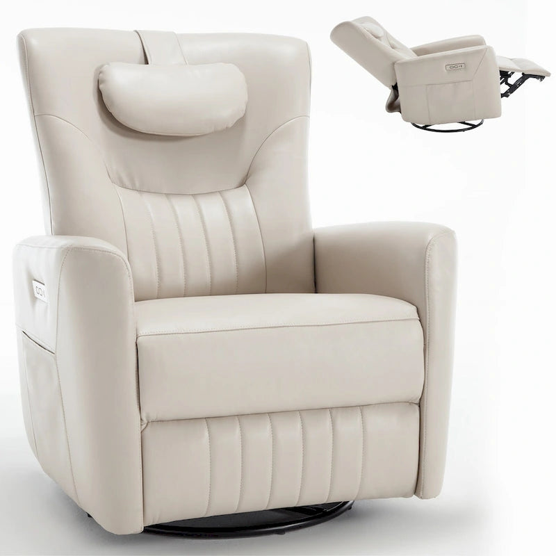 Fauteuil inclinable électrique beige avec pivotement à 270°, fonction bascule, oreiller de soutien lombaire et cervical, ports USB et Type-C