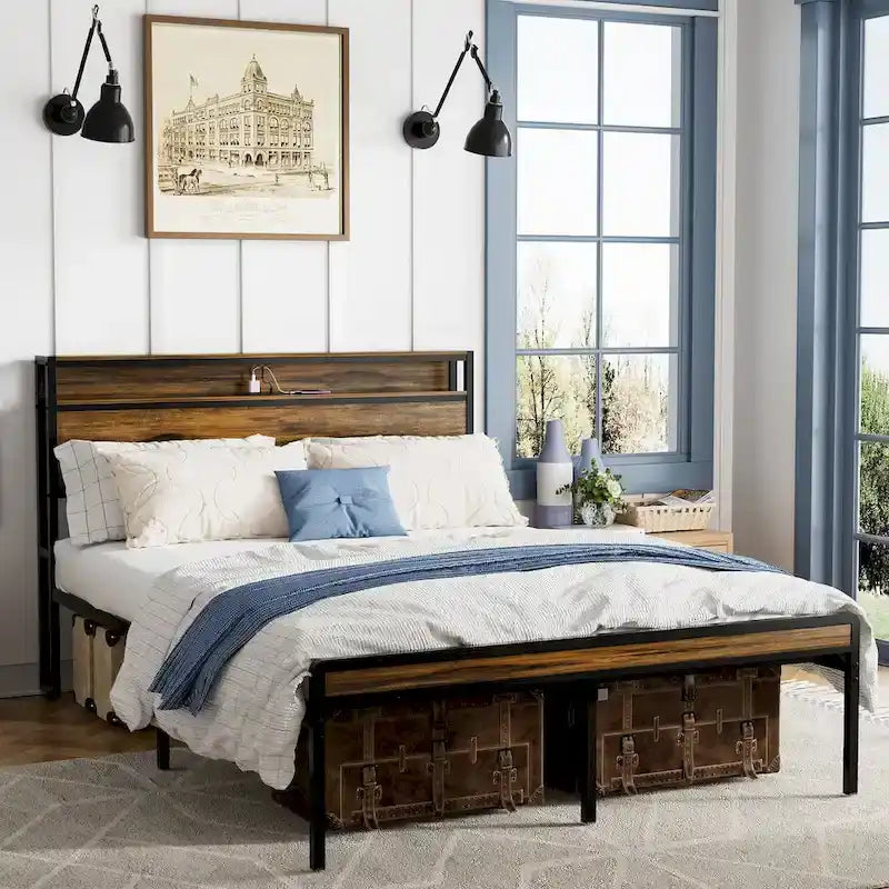 Antique Brown Queen Size Platform Bed with Storage Headboard, LED Light & Charging