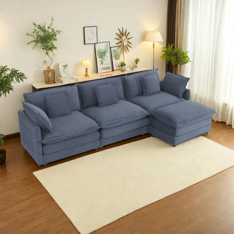 Canapé d'angle modulable en velours côtelé avec poches de rangement latérales