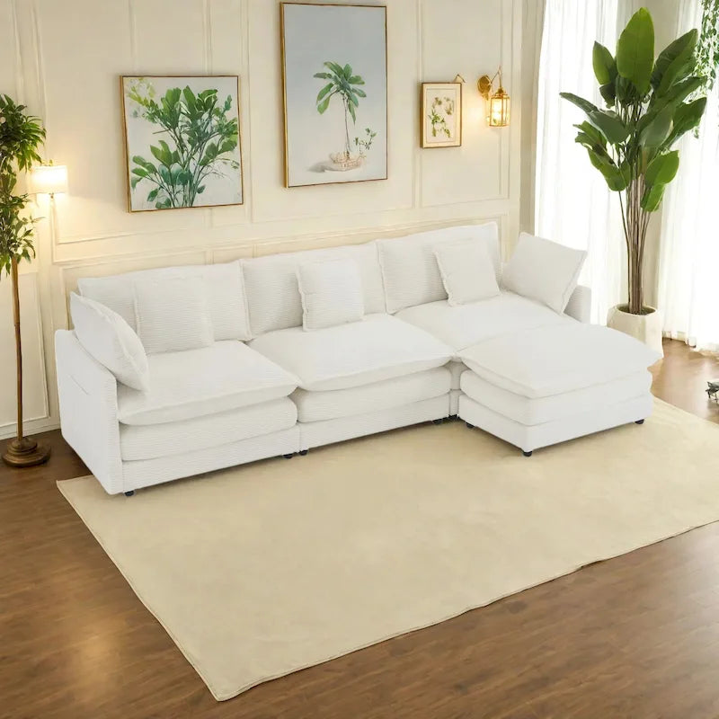 Canapé d'angle modulable en velours côtelé avec poches de rangement latérales