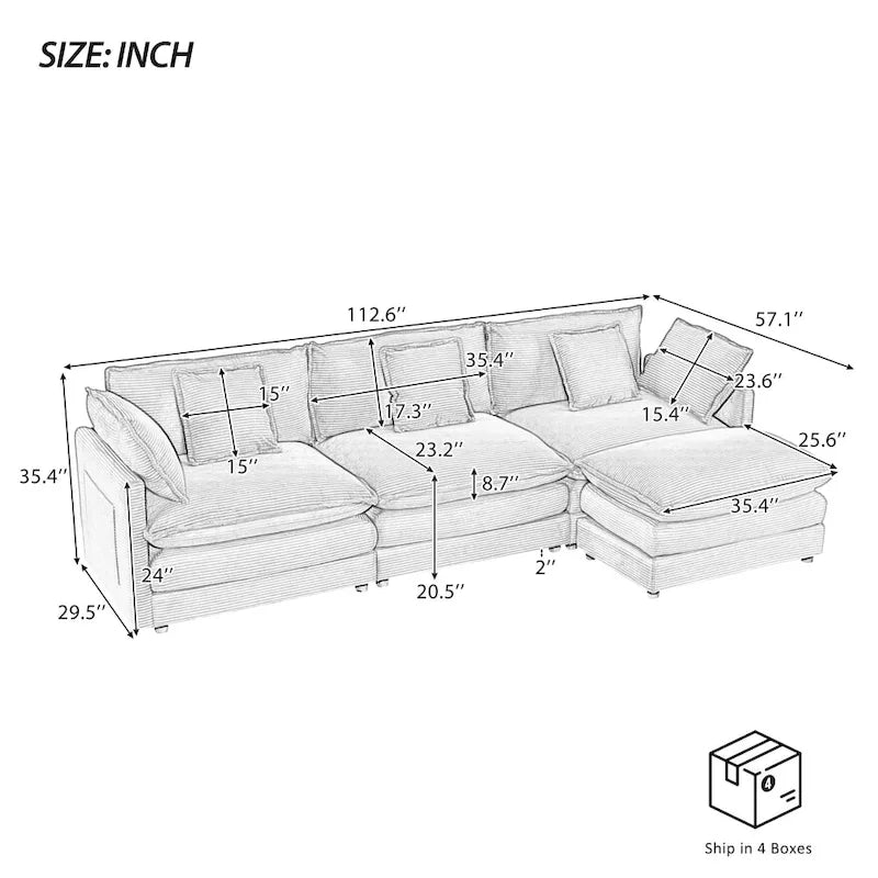 Canapé d'angle modulable en velours côtelé avec poches de rangement latérales