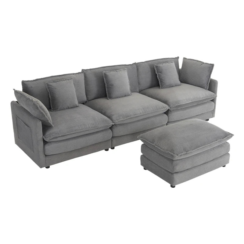 Canapé d'angle modulable en velours côtelé avec poches de rangement latérales