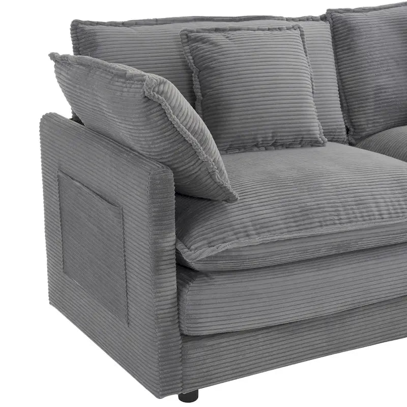 Canapé d'angle modulable en velours côtelé avec poches de rangement latérales
