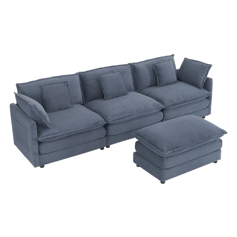 Canapé d'angle modulable en velours côtelé avec poches de rangement latérales