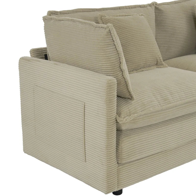 Canapé d'angle modulable en velours côtelé avec poches de rangement latérales