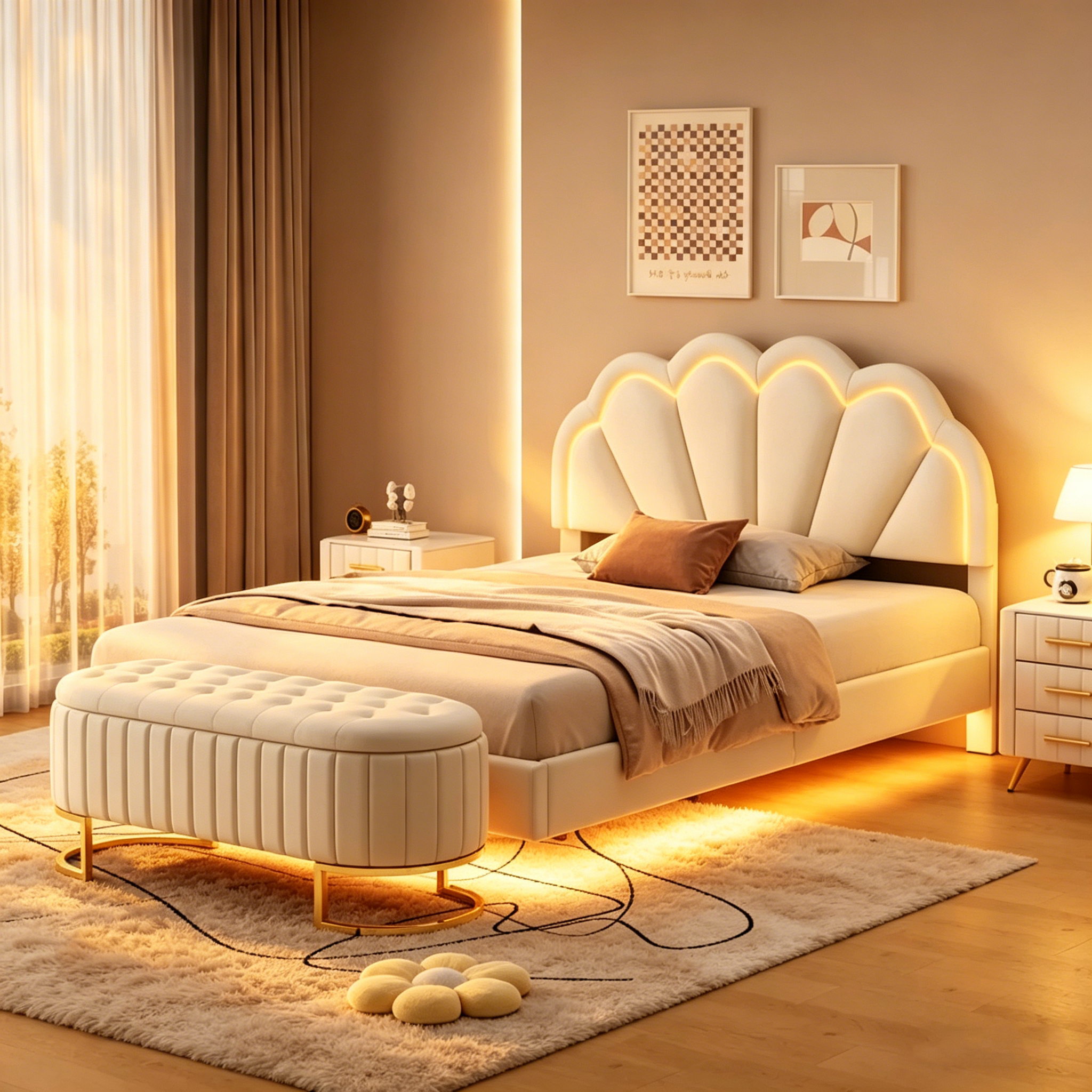 Ensembles de chambre à coucher 2 pièces – Lit plateforme double avec LED et pouf de rangement