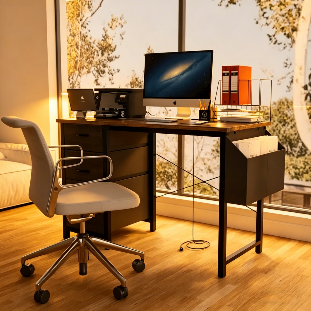 Bureau d'ordinateur moderne avec station de charge et tiroirs de rangement réversibles pour bureau à domicile ou salle d'étude