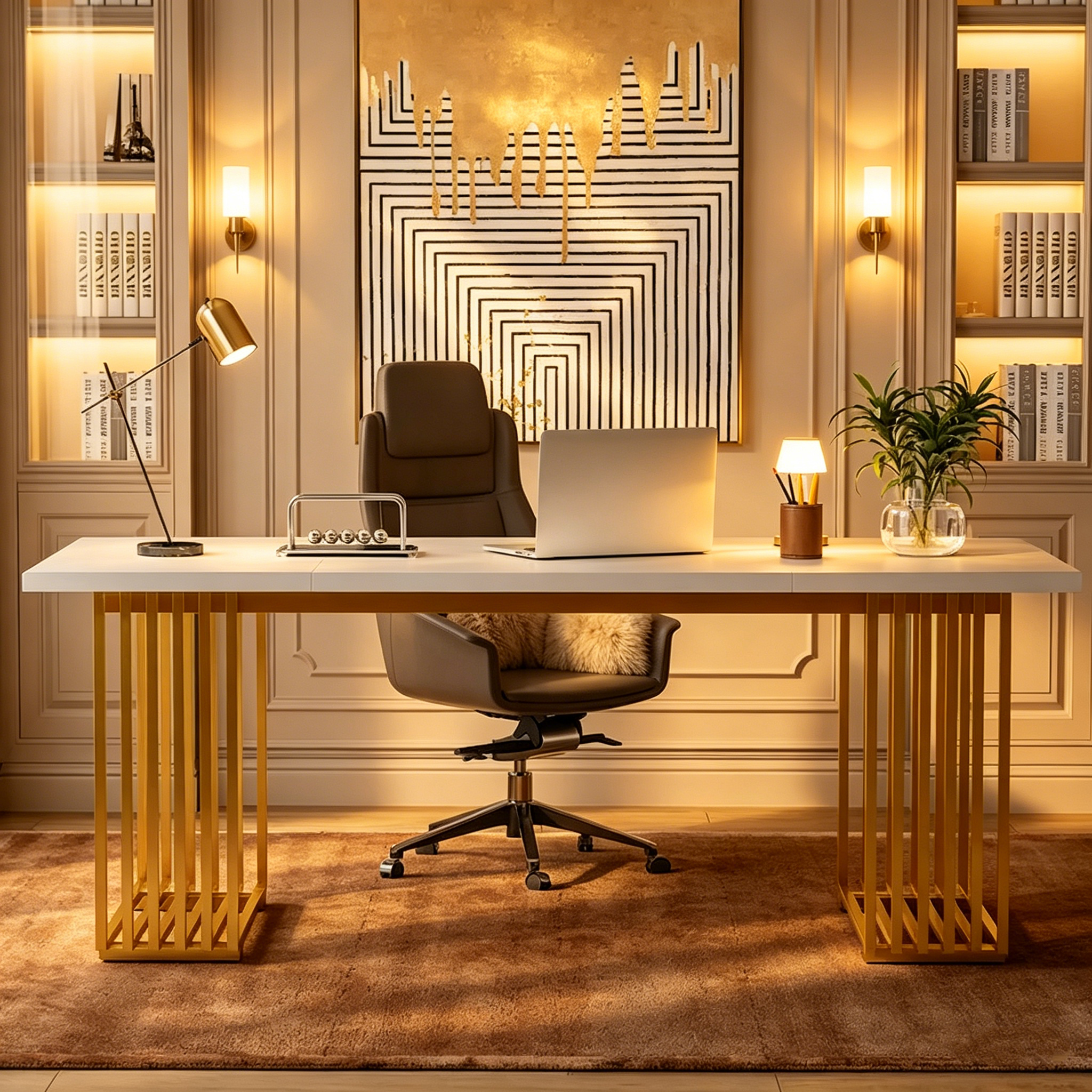 70,9 Table de bureau moderne, bureau de direction blanc avec cadre en métal doré