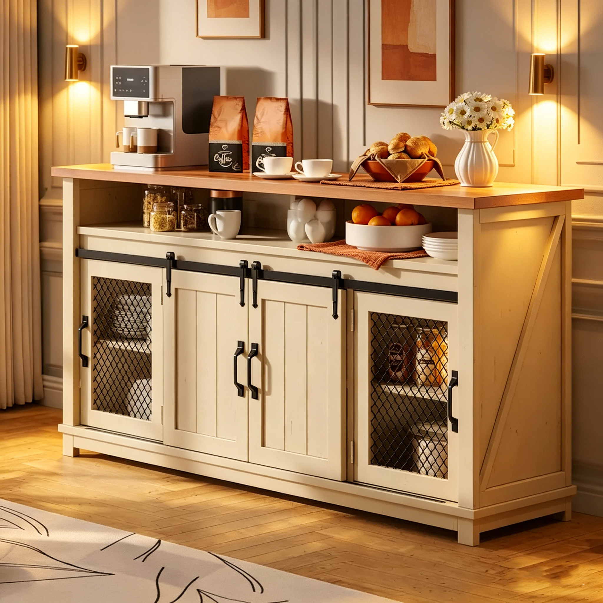 Buffet de style campagnard/industriel avec portes et étagères