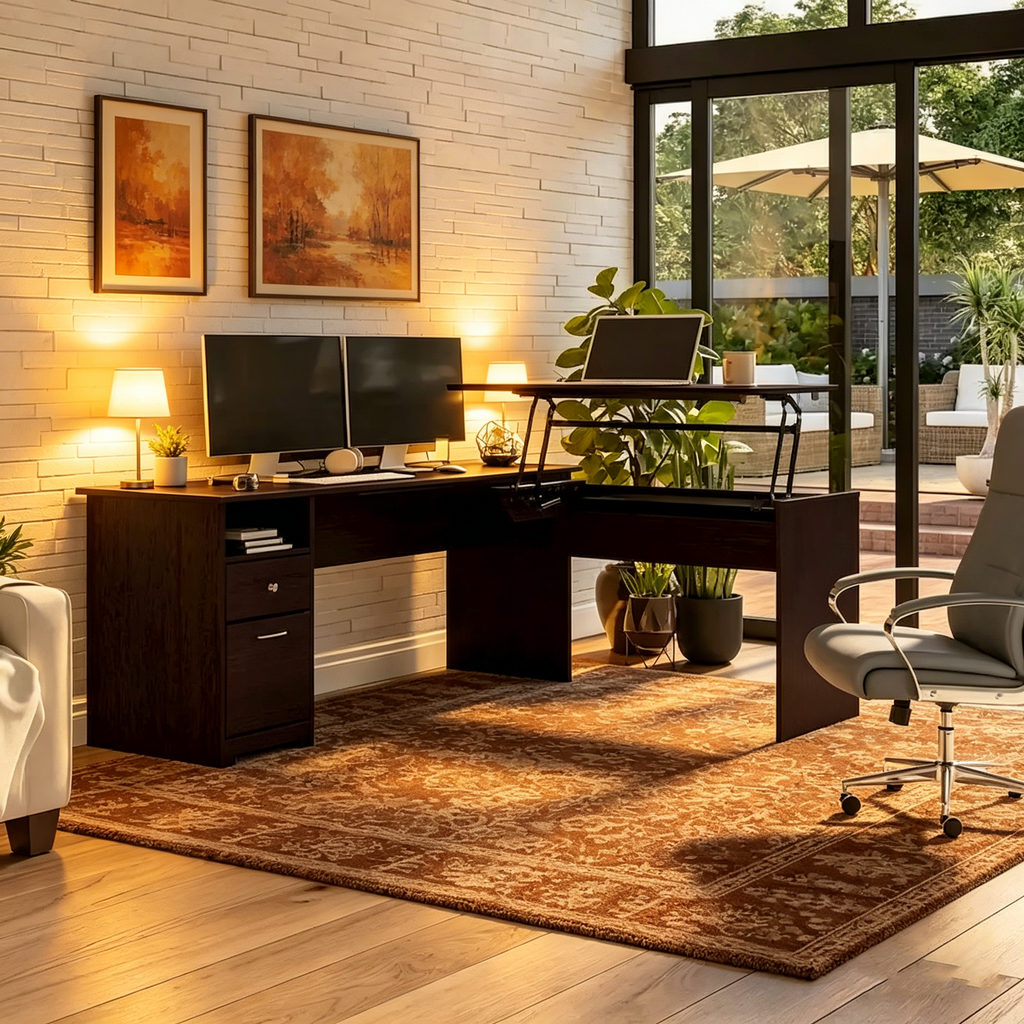 Bureau d'angle réglable en hauteur 72 W à trois niveaux avec étagère.