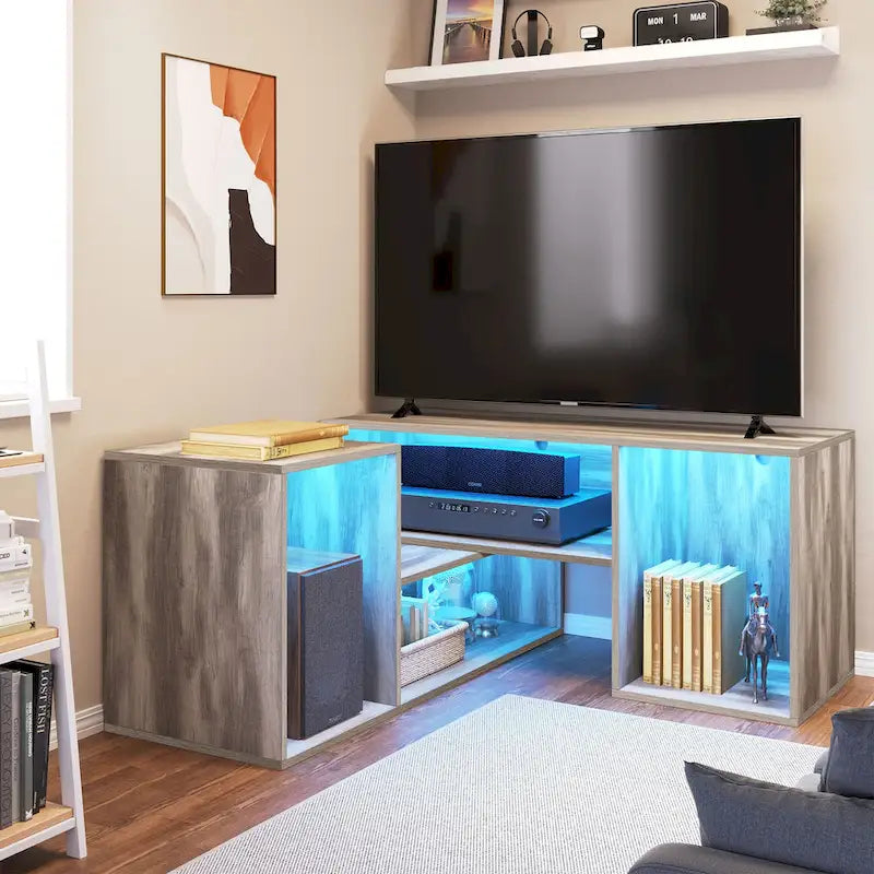 Meuble TV DIY moderne, meuble de rangement transformable avec bande lumineuse LED.