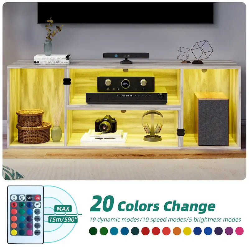 Meuble TV DIY moderne, meuble de rangement transformable avec bande lumineuse LED.