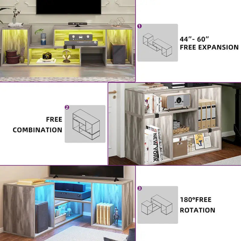 Meuble TV DIY moderne, meuble de rangement transformable avec bande lumineuse LED.