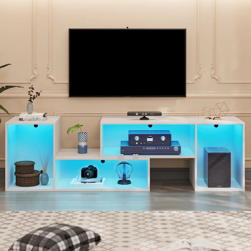Meuble TV DIY moderne, meuble de rangement transformable avec bande lumineuse LED.