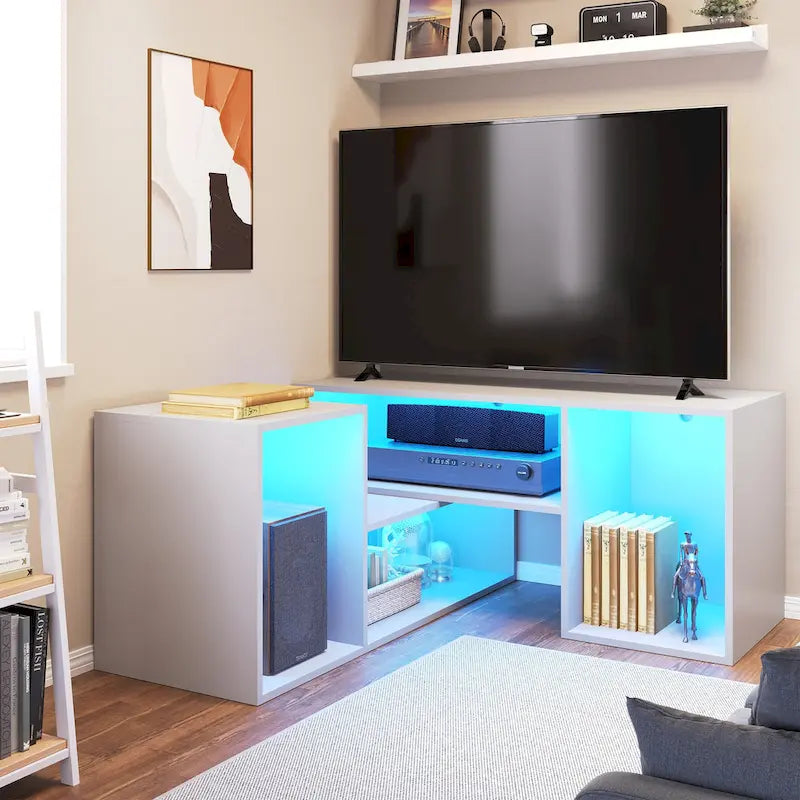 Meuble TV DIY moderne, meuble de rangement transformable avec bande lumineuse LED.