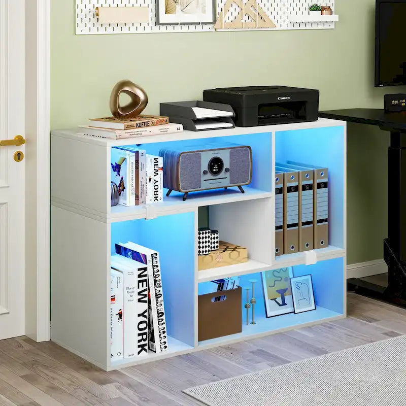 Meuble TV DIY moderne, meuble de rangement transformable avec bande lumineuse LED.