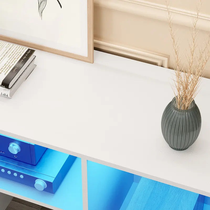 Meuble TV DIY moderne, meuble de rangement transformable avec bande lumineuse LED.