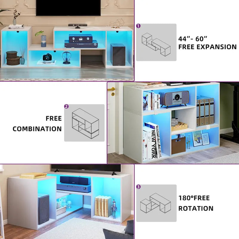 Meuble TV DIY moderne, meuble de rangement transformable avec bande lumineuse LED.