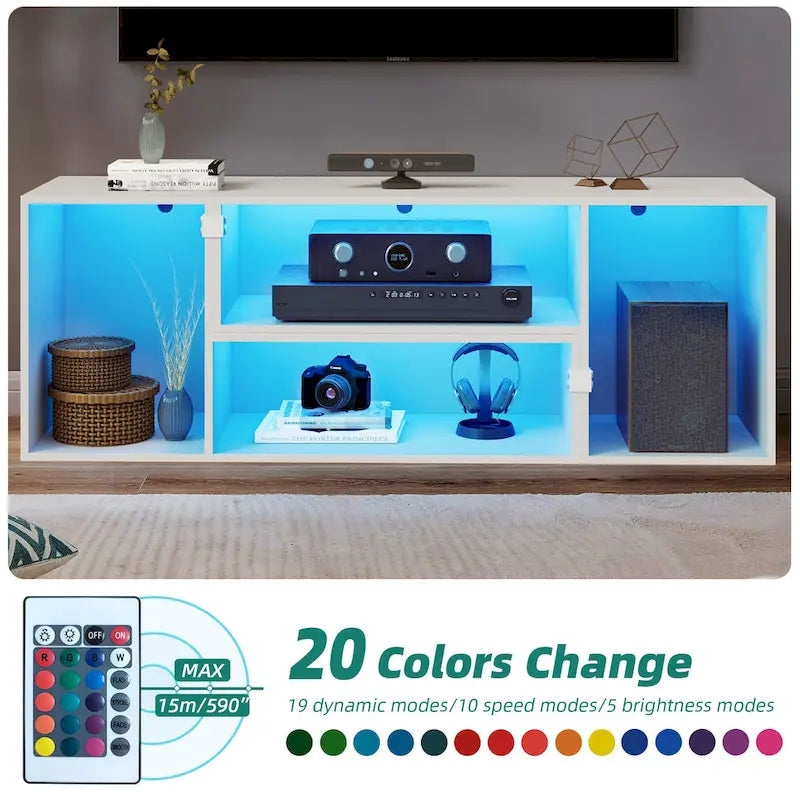 Meuble TV DIY moderne, meuble de rangement transformable avec bande lumineuse LED.
