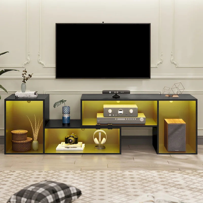 Meuble TV DIY moderne, meuble de rangement transformable avec bande lumineuse LED.