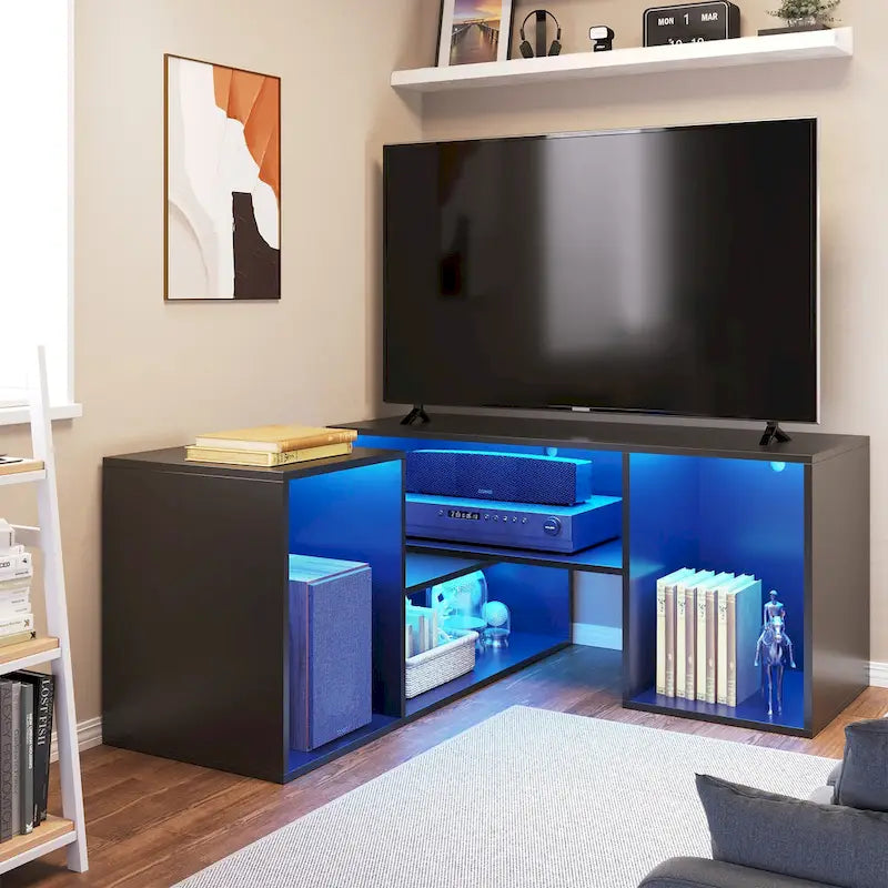 Meuble TV DIY moderne, meuble de rangement transformable avec bande lumineuse LED.