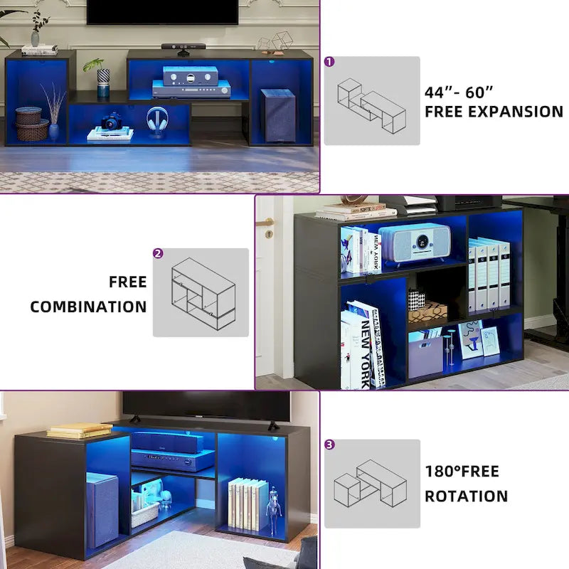 Meuble TV DIY moderne, meuble de rangement transformable avec bande lumineuse LED.