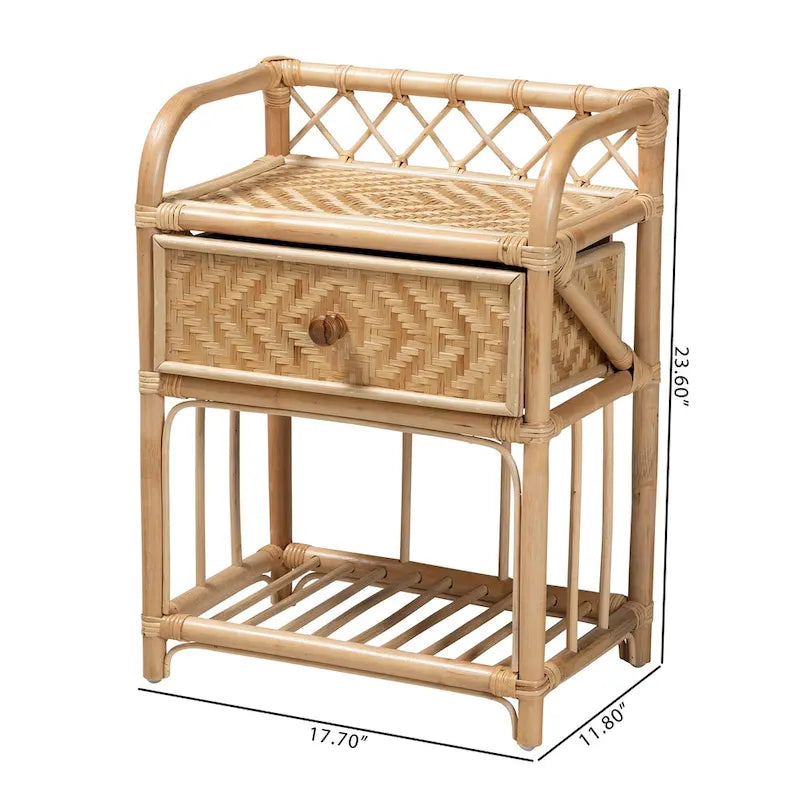 Table de chevet à tiroir unique en rotin brun naturel de style bohème moderne