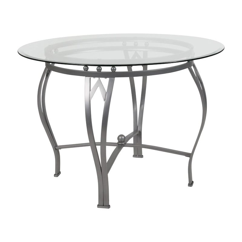 Table à manger ronde en verre de 42 pouces avec cadre métallique incurvé