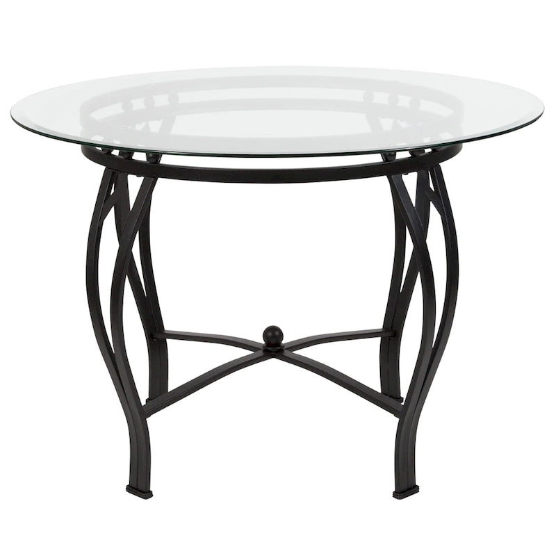 Table à manger ronde en verre de 42 pouces avec cadre métallique incurvé