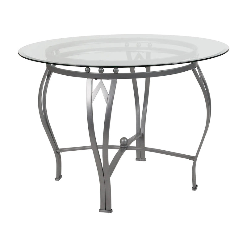 Table à manger ronde en verre de 42 pouces avec cadre métallique incurvé