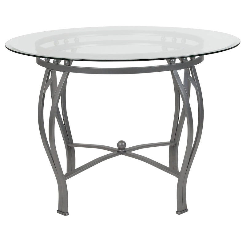 Table à manger ronde en verre de 42 pouces avec cadre métallique incurvé