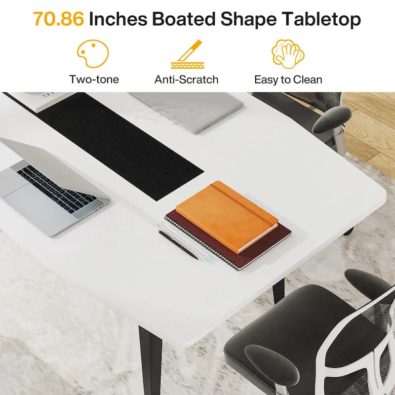 Bureau blanc avec pieds métalliques solides, en forme de bateau
