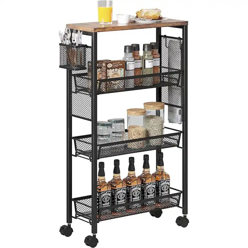 Chariot de cuisine en bois, rangement à 4 niveaux, chariot multifonctionnel mobile avec roues et paniers.