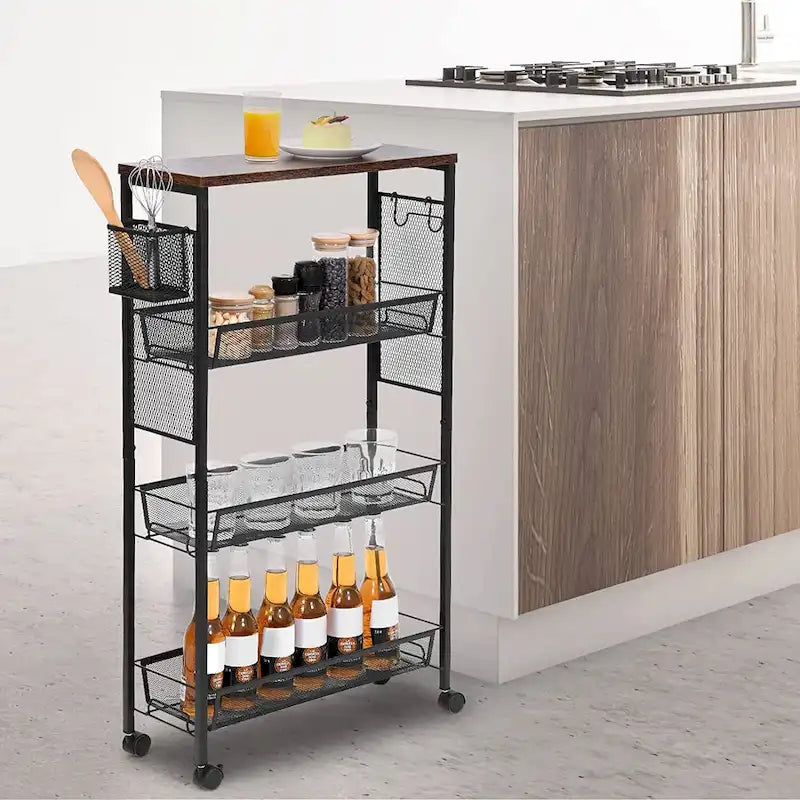 Chariot de cuisine en bois, rangement à 4 niveaux, chariot multifonctionnel mobile avec roues et paniers.