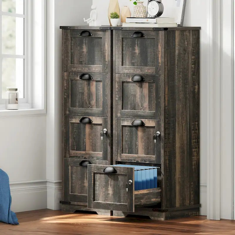 Meuble de classement droit en bois de style rustique à quatre tiroirs avec serrure