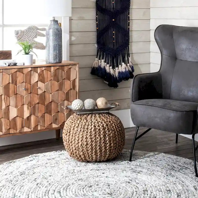 Pouf en jute tricoté uni classique