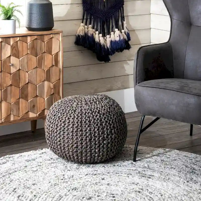 Pouf en jute tricoté uni classique