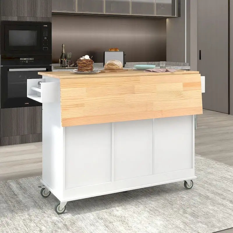 Îlot de cuisine mobile roulant avec roues, abattant et plateau en bois massif