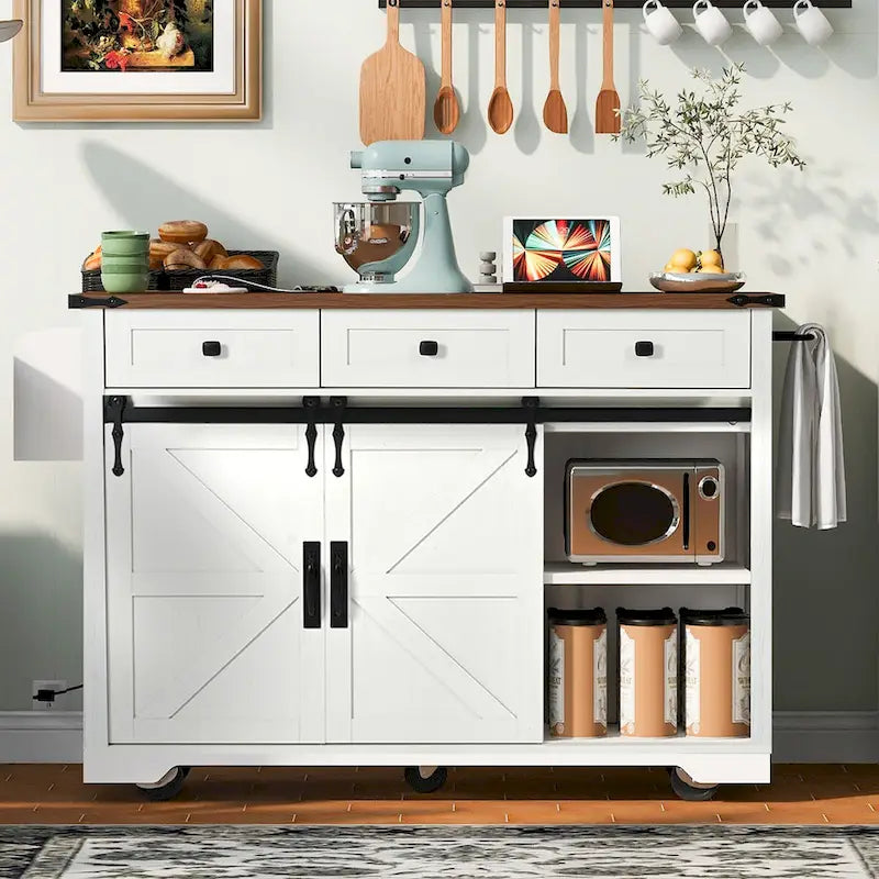 Îlot de cuisine de ferme avec prise de courant, îlot de rangement de cuisine avec 2 portes coulissantes de grange et abattant