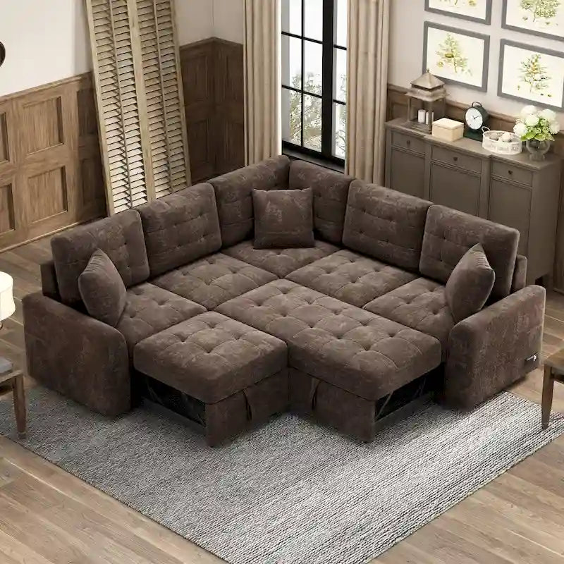 Canapé-lit d'angle escamotable avec roulettes, ports USB et prises de courant