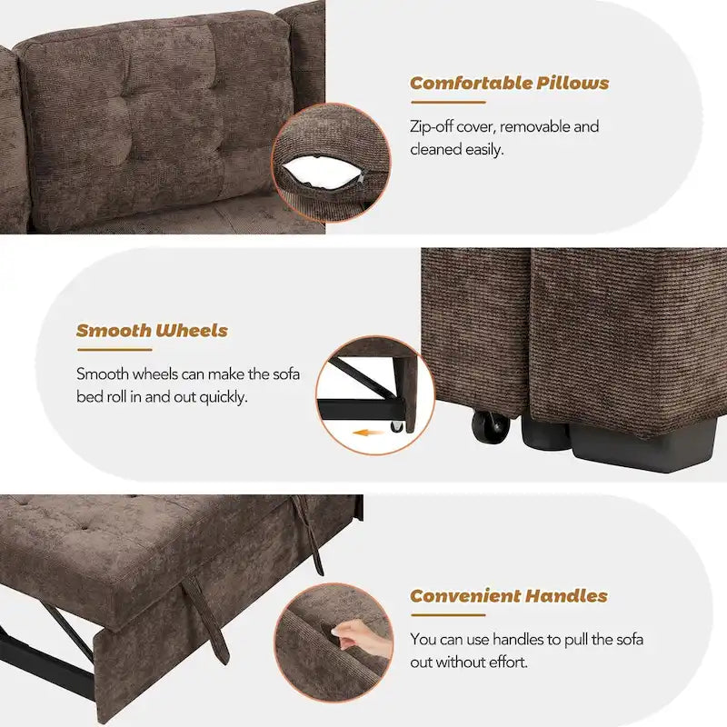 Canapé-lit d'angle escamotable avec roulettes, ports USB et prises de courant
