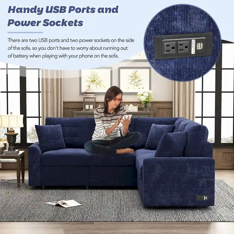 Canapé-lit d'angle escamotable avec roulettes, ports USB et prises de courant