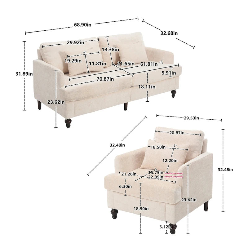 Canapé deux places en chenille avec fauteuil, structure en bois, convient au salon.